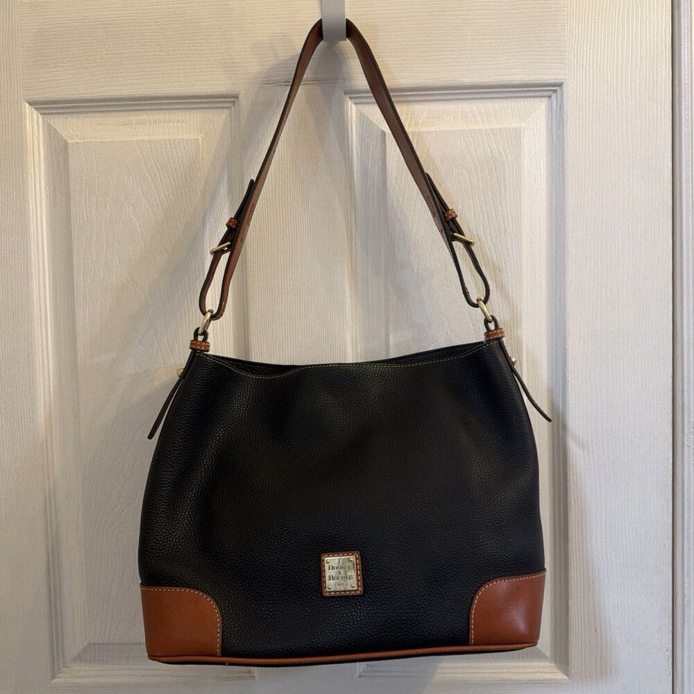 Dooney & Bourke Black Pebbled Leather Brown Trim Large Hobo Shoulder Bag - Picture 8 of 9
